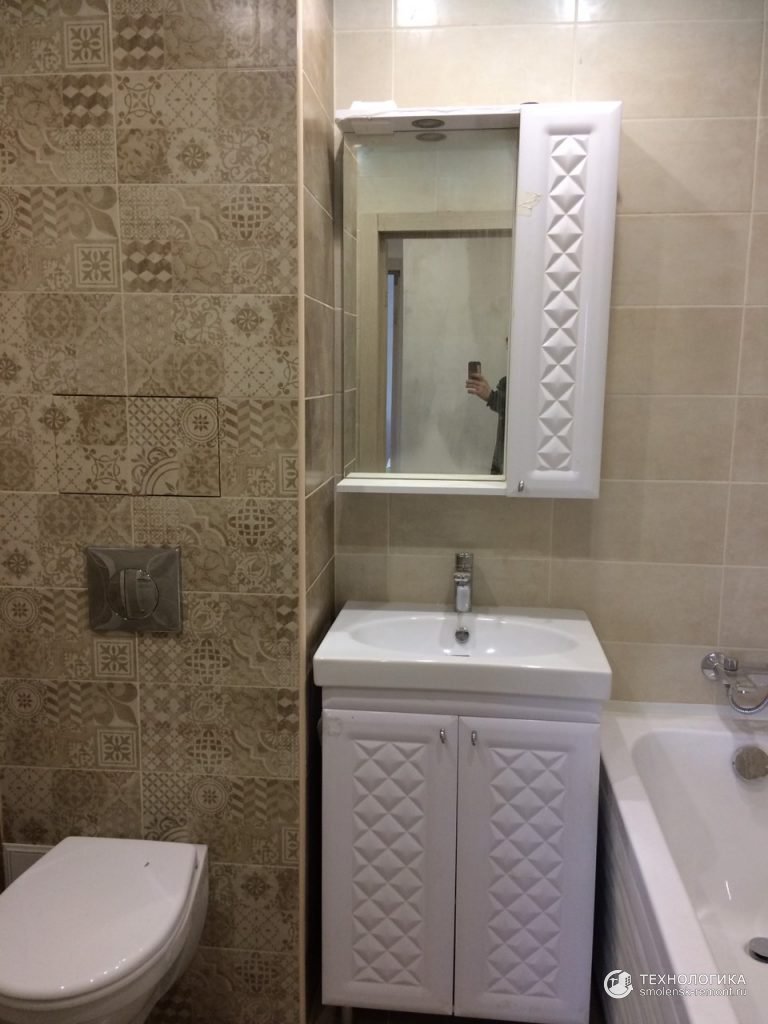 Ремонт совмещённого санузла «под ключ», Зеркало, ванна, раковина, унитаз